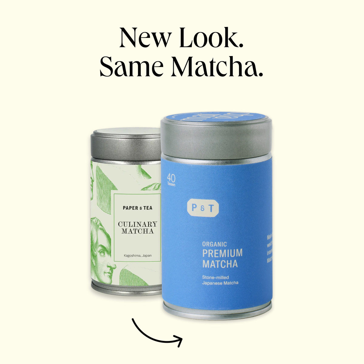 Zwei Metalldosen mit japanischem Bio-Matcha von P&T im neuen und alten Design, aus Kagoshima, steingemahlen.